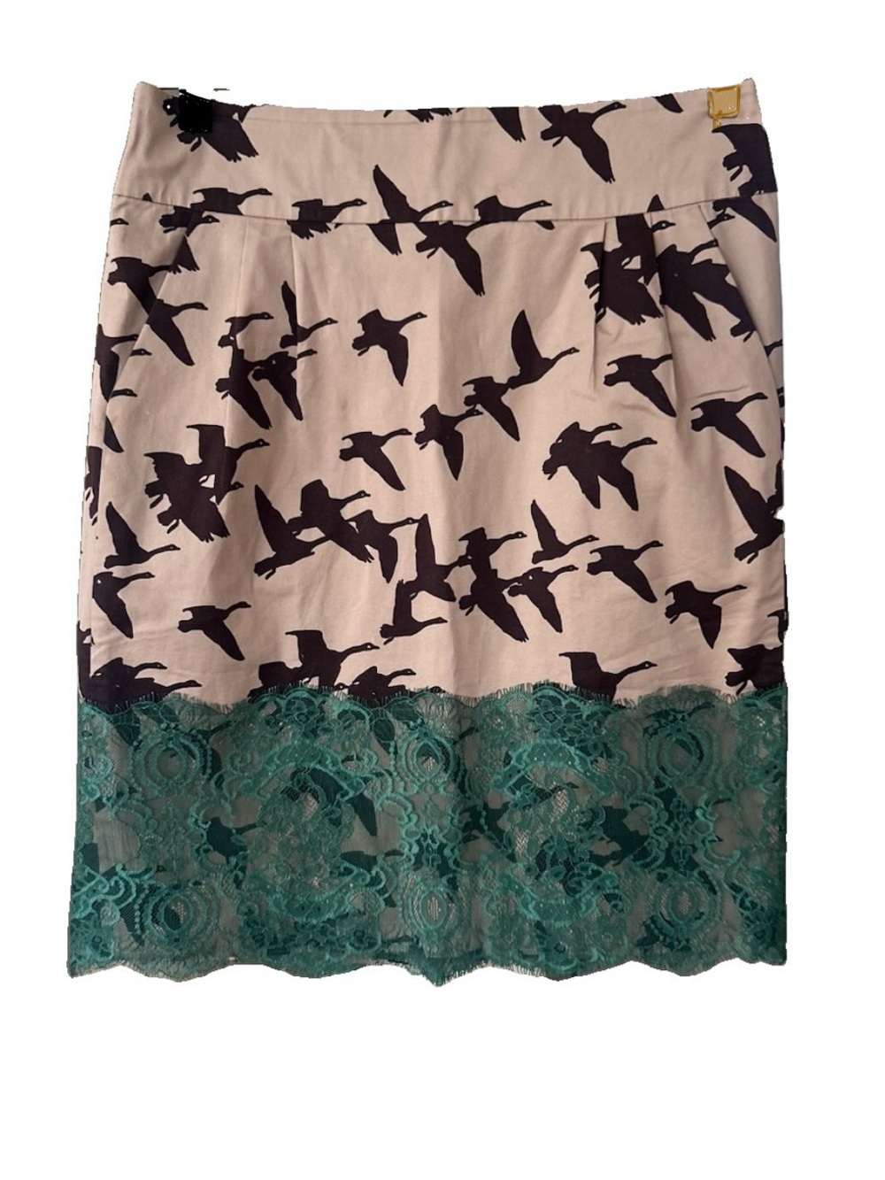 Leifsdottir Anthropologie Goose Print Pencil Skirt Green Lace Hem Size 8
